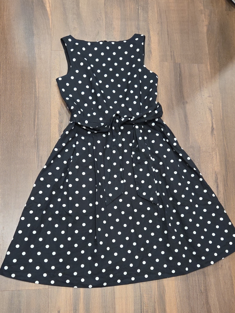 L.L. Bean Signature Black and Cream Polka Dot A-Line Dress with Sash